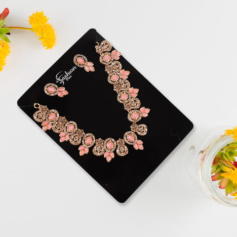 Pink & white diamond necklace with earrings set