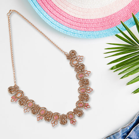 Pink & white diamond necklace with earrings set