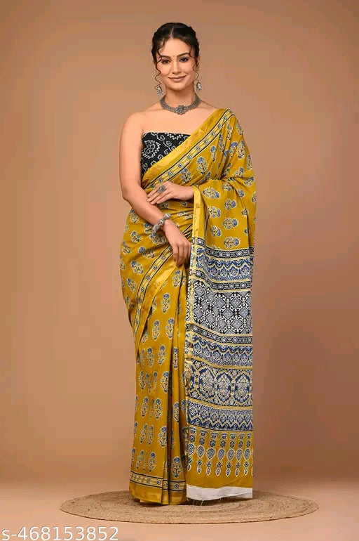 Jaipuri Printed Soft Zari Cotton Mulmul Saree With Attached zari Blouse Piece for Woman