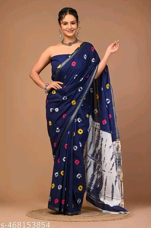 Jaipuri Printed Soft Zari Cotton Mulmul Saree With Attached zari Blouse Piece for Woman