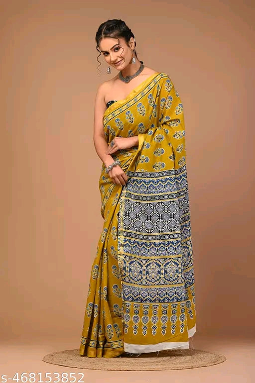 Jaipuri Printed Soft Zari Cotton Mulmul Saree With Attached zari Blouse Piece for Woman