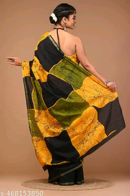 Jaipuri Printed Soft Zari Cotton Mulmul Saree With Attached zari Blouse Piece for Woman