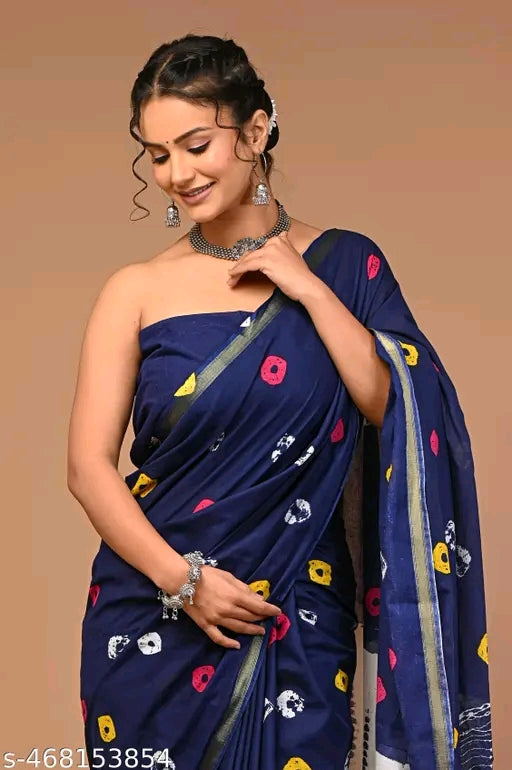 Jaipuri Printed Soft Zari Cotton Mulmul Saree With Attached zari Blouse Piece for Woman
