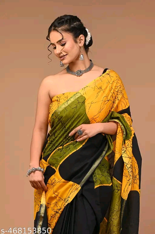 Jaipuri Printed Soft Zari Cotton Mulmul Saree With Attached zari Blouse Piece for Woman