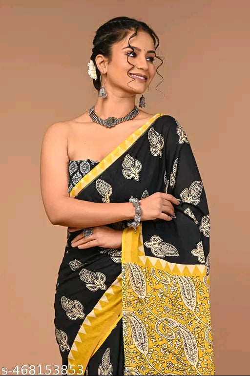Jaipuri Printed Soft Zari Cotton Mulmul Saree With Attached zari Blouse Piece for Woman