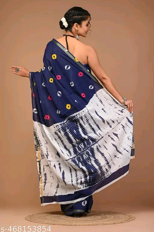 Jaipuri Printed Soft Zari Cotton Mulmul Saree With Attached zari Blouse Piece for Woman