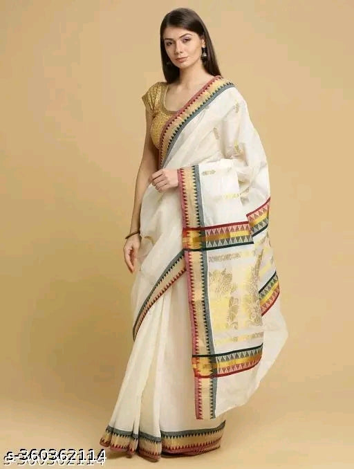 Texation Kerala Cotton Saree With Running Blouse (Tower Border)