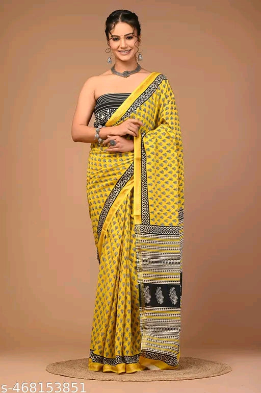 Jaipuri Printed Soft Zari Cotton Mulmul Saree With Attached zari Blouse Piece for Woman