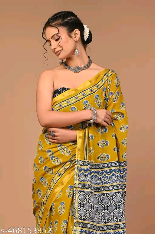 Jaipuri Printed Soft Zari Cotton Mulmul Saree With Attached zari Blouse Piece for Woman
