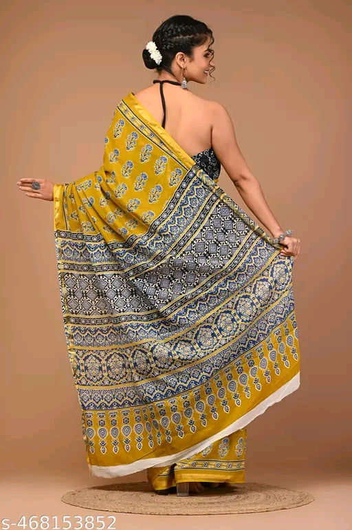 Jaipuri Printed Soft Zari Cotton Mulmul Saree With Attached zari Blouse Piece for Woman