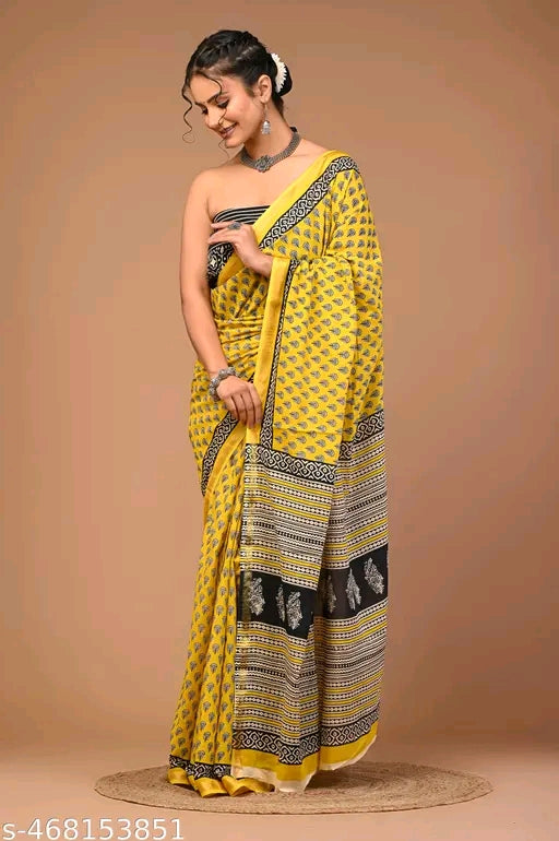 Jaipuri Printed Soft Zari Cotton Mulmul Saree With Attached zari Blouse Piece for Woman