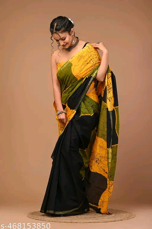 Jaipuri Printed Soft Zari Cotton Mulmul Saree With Attached zari Blouse Piece for Woman