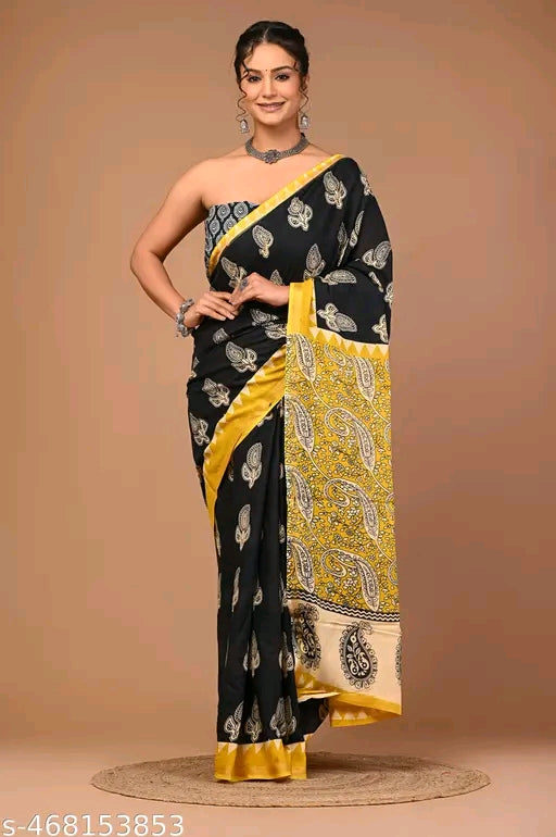 Jaipuri Printed Soft Zari Cotton Mulmul Saree With Attached zari Blouse Piece for Woman