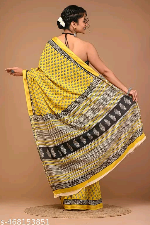 Jaipuri Printed Soft Zari Cotton Mulmul Saree With Attached zari Blouse Piece for Woman