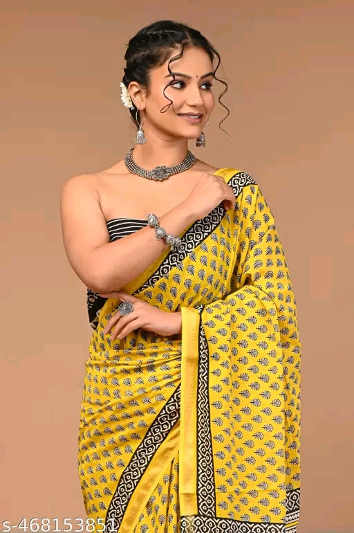 Jaipuri Printed Soft Zari Cotton Mulmul Saree With Attached zari Blouse Piece for Woman
