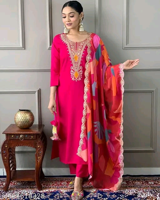 Embroidered work kurta with dupatta with pant set for women