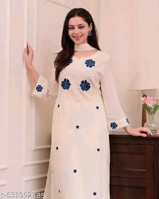 Off White & Blue Thread Embroidery Rayon Slun A-line Kurta Pant & Matching Dupatta