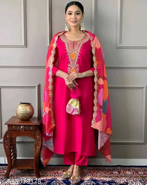 Embroidered work kurta with dupatta with pant set for women