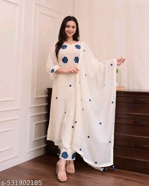 Off White & Blue Thread Embroidery Rayon Slun A-line Kurta Pant & Matching Dupatta