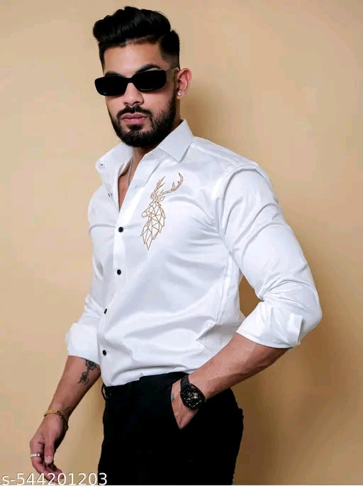 Deer Embroidered White Luxury Cotton Shirt
