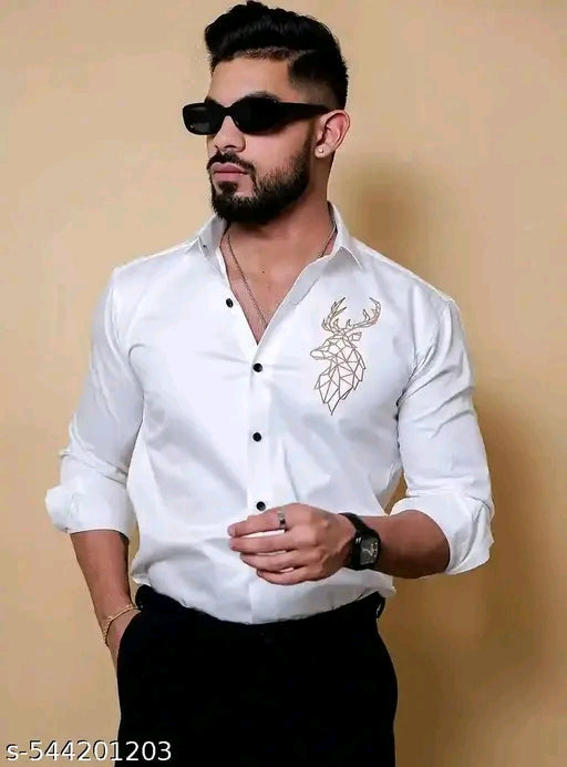 Deer Embroidered White Luxury Cotton Shirt