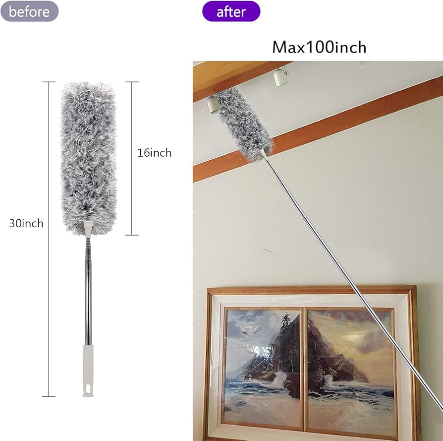 Microfiber Feather Duster Extendable Duster with 100 inches Extra Long Pole, Bendable Head & Long Handle Dusters for Aing Ceiling Fan, High Ceiling, Blinds, Furniture & Cars Gray