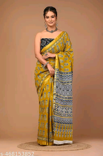 Jaipuri Printed Soft Zari Cotton Mulmul Saree With Attached zari Blouse Piece for Woman