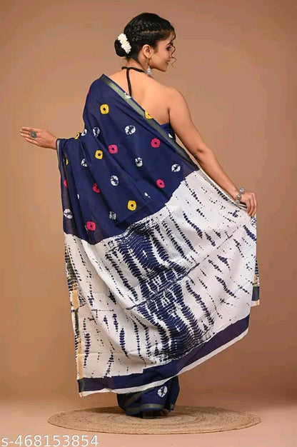 Jaipuri Printed Soft Zari Cotton Mulmul Saree With Attached zari Blouse Piece for Woman