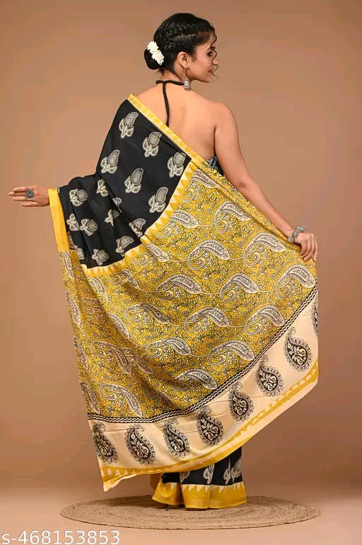 Jaipuri Printed Soft Zari Cotton Mulmul Saree With Attached zari Blouse Piece for Woman