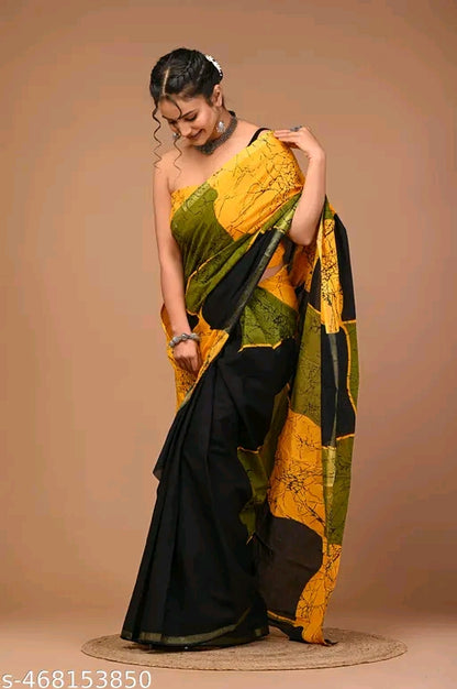 Jaipuri Printed Soft Zari Cotton Mulmul Saree With Attached zari Blouse Piece for Woman