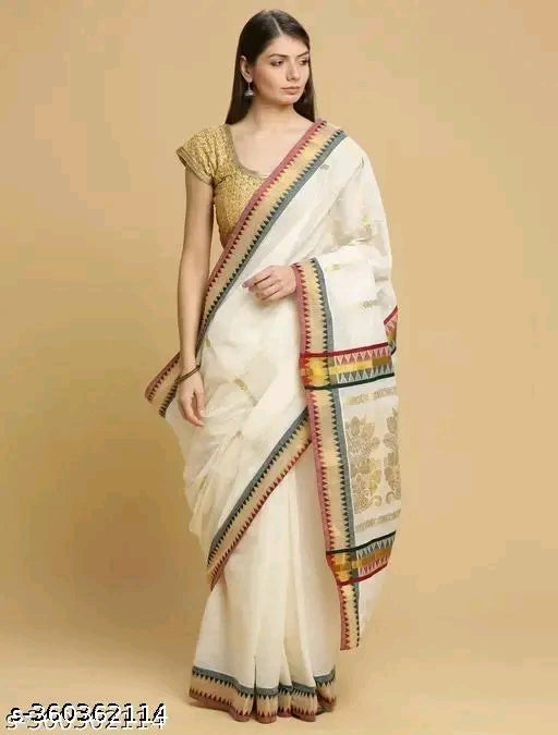 Texation Kerala Cotton Saree With Running Blouse (Tower Border)