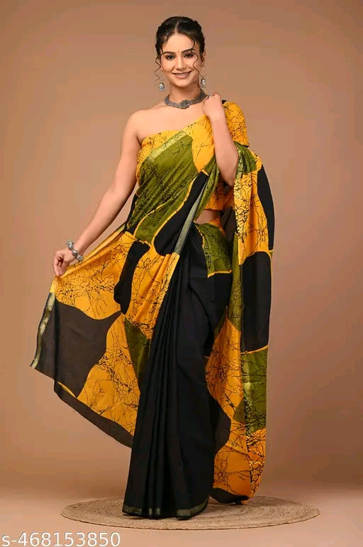 Jaipuri Printed Soft Zari Cotton Mulmul Saree With Attached zari Blouse Piece for Woman