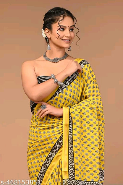 Jaipuri Printed Soft Zari Cotton Mulmul Saree With Attached zari Blouse Piece for Woman
