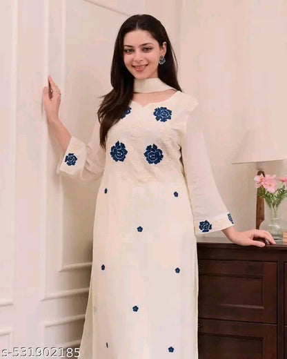 Off White & Blue Thread Embroidery Rayon Slun A-line Kurta Pant & Matching Dupatta