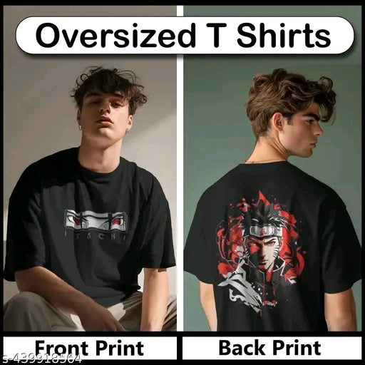 Designer Oversized Naruto Graphics Printed Black Terry-Cotton Round Neck Oversized Half sleeve T Shirts For Boys and Girls