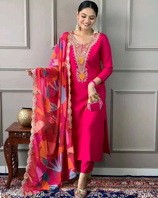 Embroidered work kurta with dupatta with pant set for women