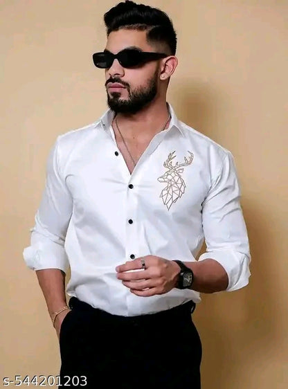 Deer Embroidered White Luxury Cotton Shirt