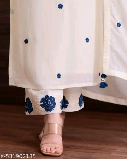 Off White & Blue Thread Embroidery Rayon Slun A-line Kurta Pant & Matching Dupatta