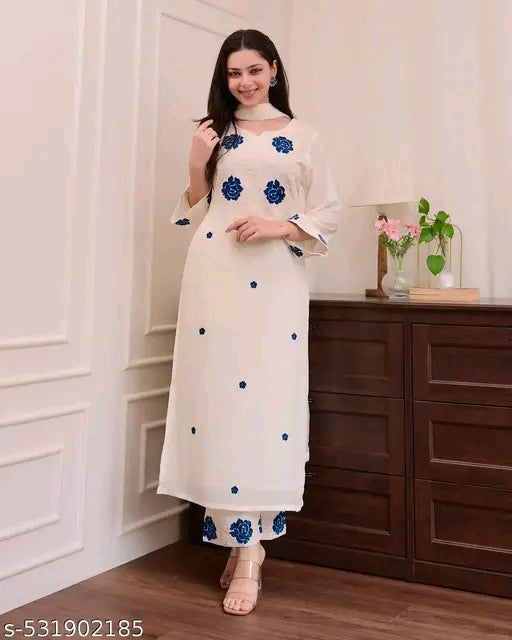 Off White & Blue Thread Embroidery Rayon Slun A-line Kurta Pant & Matching Dupatta