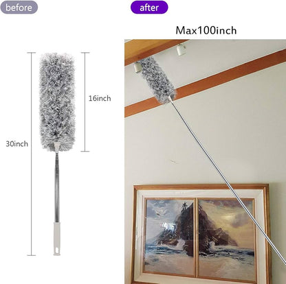 Microfiber Feather Duster Extendable Duster with 100 inches Extra Long Pole, Bendable Head & Long Handle Dusters for Aing Ceiling Fan, High Ceiling, Blinds, Furniture & Cars Gray